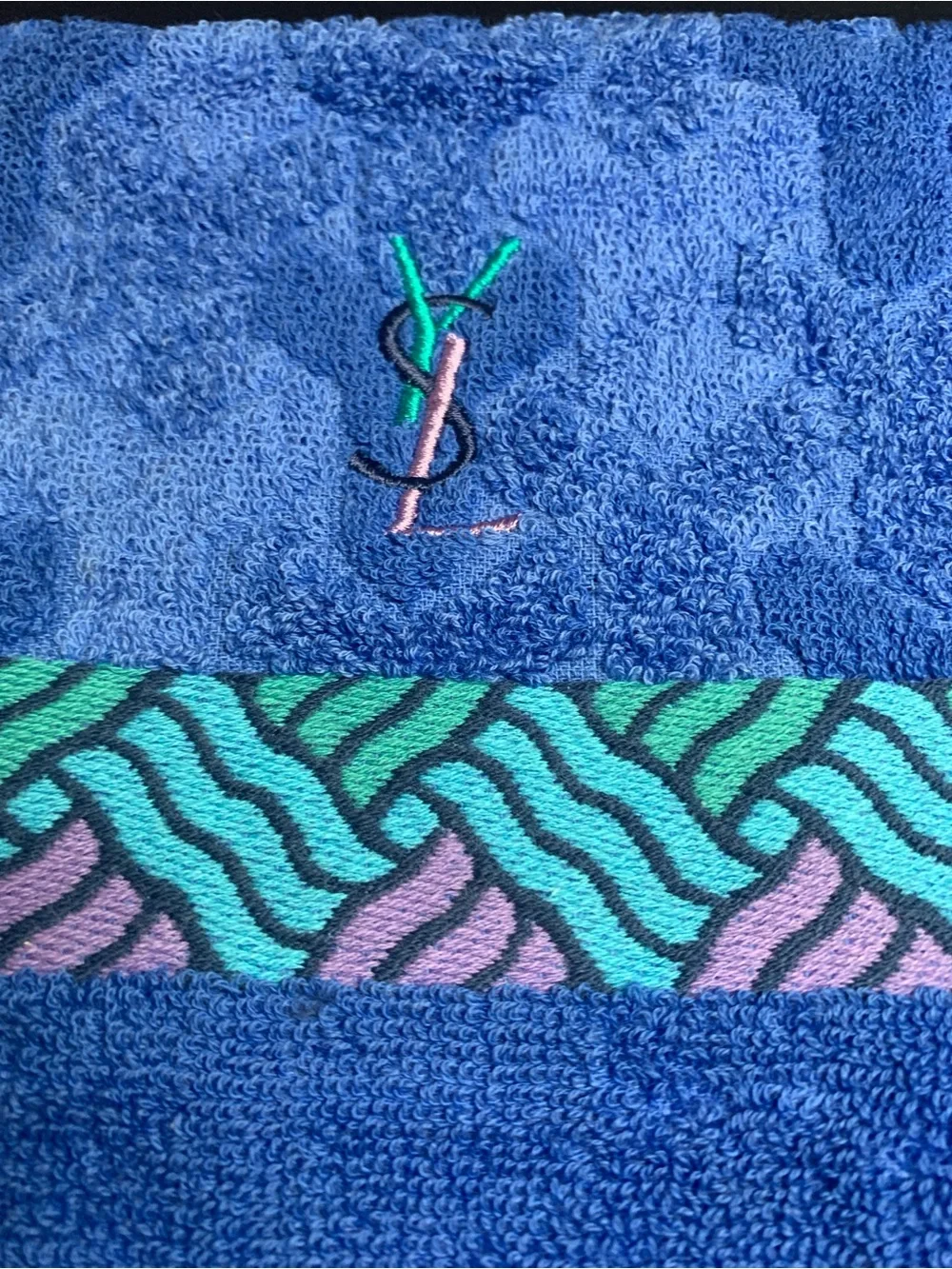 Yves Saint Laurent Blue Towel with Teal, Pink & Black Accents